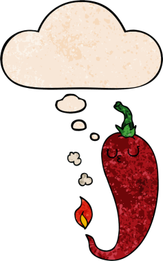 bir insan tarafından çizilmiş grunge desenli düşünce baloncuklu sıcak kırmızı biber çizgi filmi.