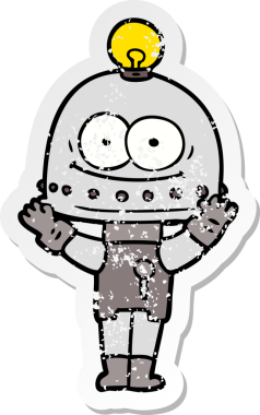 Bir insan tarafından çizilmiş ampullü mutlu bir robot çıkartması.