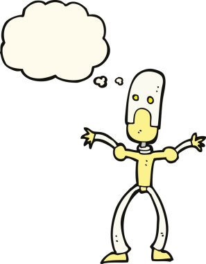 Bir insan tarafından çizilmiş düşünce baloncuklu komik robot.