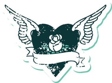 İkonik ıstıraplı dövme stili kanatlı kalp resmi bir insan tarafından çizilmiş bir gül ve bayrak.