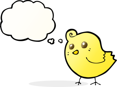 Bir insan tarafından çizilmiş düşünce baloncuklu çizgi film kuşu.