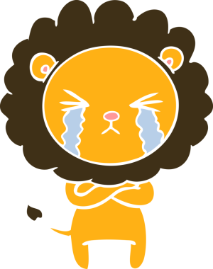 Düz renkli karikatür. Ağlayan aslan. Kollarını çapraz bir insan çizmiş.