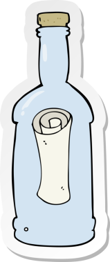 Bir insan tarafından çizilmiş bir şişenin içindeki karikatür etiketi.