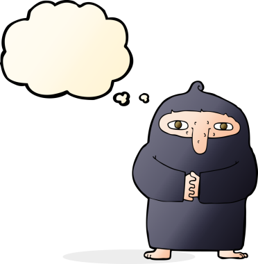 Bir insan tarafından çizilmiş düşünce kabarcığı olan cüppeli bir keşiş.