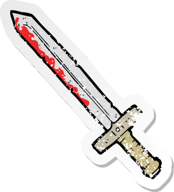 Bir insan tarafından çekilen kanlı bir kılıcın gerilemiş retro çıkartması.