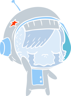 Düz renkli çizgi film ağlayan astronot kız bir insan tarafından çizilmiş el sallıyor.