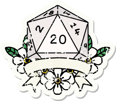 Bir insan tarafından çekilen 20 kritik vuruşluk D20 zar atımının grunge çıkartması.