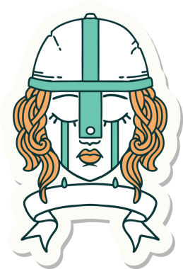 Ağlayan bir insan savaşçı karakterinin çıkartması. Bir insan tarafından çizilmiş pankartıyla.