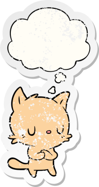 Düşünce baloncuğu olan çizgi film kedisi insan tarafından çizilmiş yıpranmış bir çıkartma.