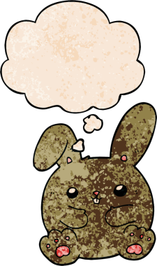 Bir insan tarafından çizilmiş grunge desenli düşünce baloncuklu çizgi film tavşanı.