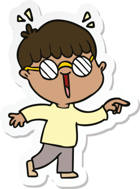 Bir insan tarafından çizilmiş gözlüklü bir çizgi film çocuğunun çıkartması.