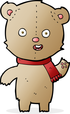 Bir insan tarafından çizilmiş eşarplı oyuncak ayıyı sallayan çizgi film.