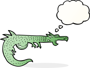 Bir insan tarafından çizilmiş düşünce baloncuklu ortaçağ ejderhası.