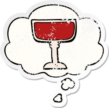 İnsan tarafından çizilmiş yıpranmış bir çıkartma gibi düşünce balonlu şarap kadehi.