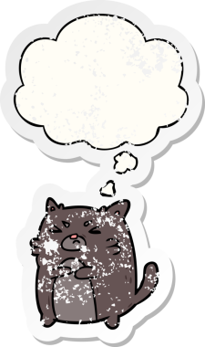 Düşünce baloncuğu olan kızgın bir çizgi film karakteri insan tarafından çizilmiş yıpranmış bir çıkartma gibi.