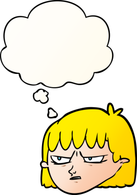 Bir insan tarafından çizilmiş yumuşak eğimli düşünce baloncuğu olan kızgın bir karikatür.