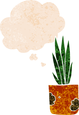 Düşünce baloncuklu karikatür bitkisi grunge sıkıntılı retro desenli bir insan tarafından çizilmiş