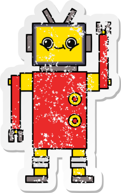 Bir insan tarafından çizilmiş sevimli bir robot çizgi film çıkartması.