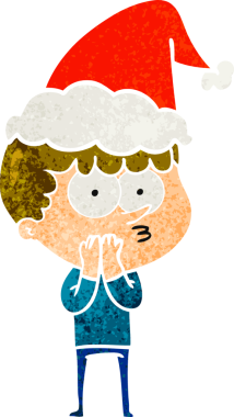 Bir insan tarafından çizilmiş Noel Baba şapkası takan meraklı bir çocuğun el çizimi karikatürü.