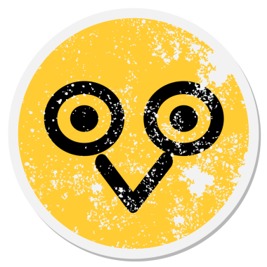 Bir insan tarafından çizilmiş dik dik bakan kuş suratlı dairesel etiket.