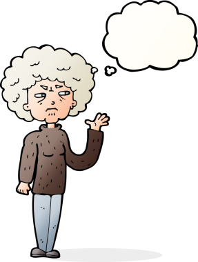 Bir insan tarafından çizilmiş düşünce baloncuğuyla el sallayan yaşlı bir kadın.