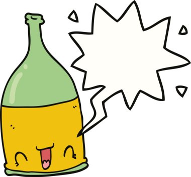 Bir insan tarafından çizilmiş konuşma balonlu şarap şişesi.