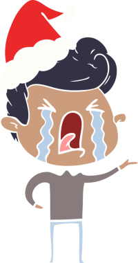 Bir insan tarafından çizilmiş Noel Baba şapkası giymiş ağlayan bir adamın düz renkli çizimi.