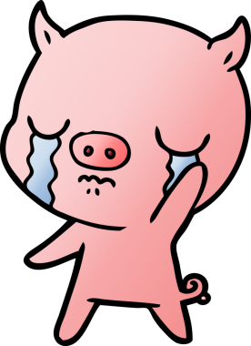 Çizgi film domuzu ağlıyor ve bir insan tarafından çizilmiş el sallıyor.