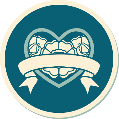 Geleneksel kalp stili dövme çıkartması ve bir insan tarafından çizilmiş çiçekli pankart.