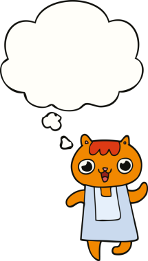 Bir insan tarafından çizilmiş düşünce kabarcığı olan çizgi film kedisi.