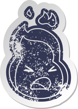 Sıkıntılı eski çizgi film çıkartması Kawaii bir insan tarafından çizilmiş sevimli ateş alevi.