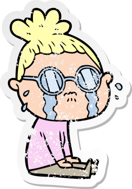 Bir insan tarafından çizilmiş gözlüklü, ağlayan bir karikatür çıkartması.