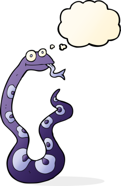 Bir insan tarafından çizilmiş düşünce baloncuklu çizgi film yılanı.