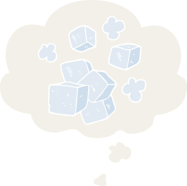 Düşünce baloncuğu olan karikatür buz küpleri insan tarafından çizilmiş.