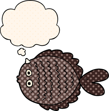 Çizgi roman tarzında düşünce baloncuğu olan düz balıklar insan tarafından çizilmiş.