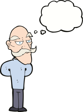 Düşünce baloncuğu çizilmiş bıyıklı yaşlı bir adam.