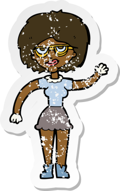 Bir insan tarafından çizilmiş gözlük takan bir kadın çizgi film çıkartması.