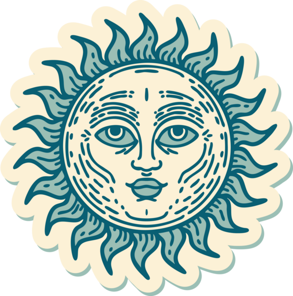 Bir insan tarafından çizilmiş geleneksel güneş stili dövme çıkartması.