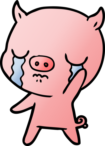 Çizgi film domuzu ağlıyor ve bir insan tarafından çizilmiş el sallıyor.