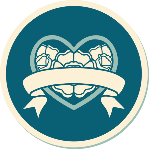 Geleneksel kalp stili dövme çıkartması ve bir insan tarafından çizilmiş çiçekli pankart.