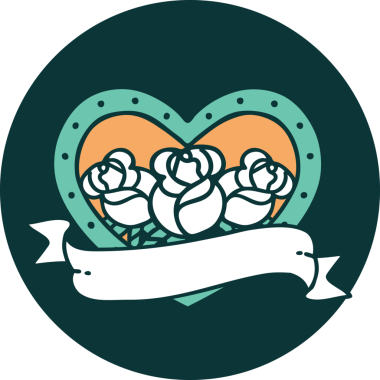 İkonik dövme stili bir kalp ve bir insan tarafından çizilmiş çiçekli pankart.