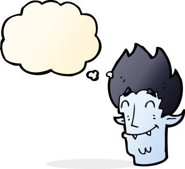 Bir insan tarafından çizilmiş düşünce balonlu mutlu vampir kafası.