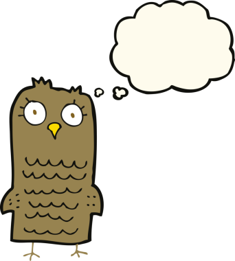 Bir insan tarafından çizilmiş düşünce baloncuklu çizgi film baykuşu