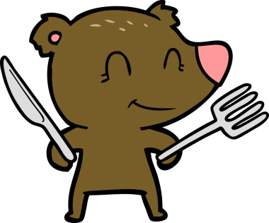 Bir insan tarafından çizilmiş çatal ve bıçakla gülümseyen ayı çizgi filmi