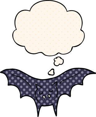 Bir insan tarafından çizilmiş çizgi roman tarzı düşünce baloncuğu olan vampir yarasa çizgi filmi.