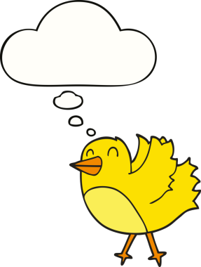 Bir insan tarafından çizilmiş düşünce baloncuklu çizgi film kuşu.