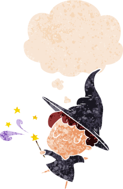 Düşünce baloncuklu çizgi film cadısı grunge sıkıntılı retro dokuma tarzı bir insan tarafından çizilmiş