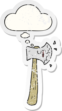 Düşünce baloncuğu olan çizgi film baltası bir insan tarafından çizilmiş yıpranmış bir çıkartma.