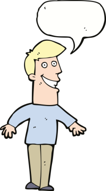 Bir insan tarafından çizilmiş konuşma balonuyla sırıtan çizgi film adamı.