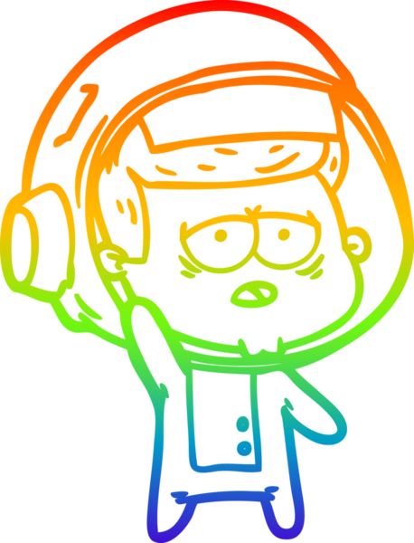 Gökkuşağı gradyan çizgi çizimi bir insan tarafından çizilmiş yorgun astronot